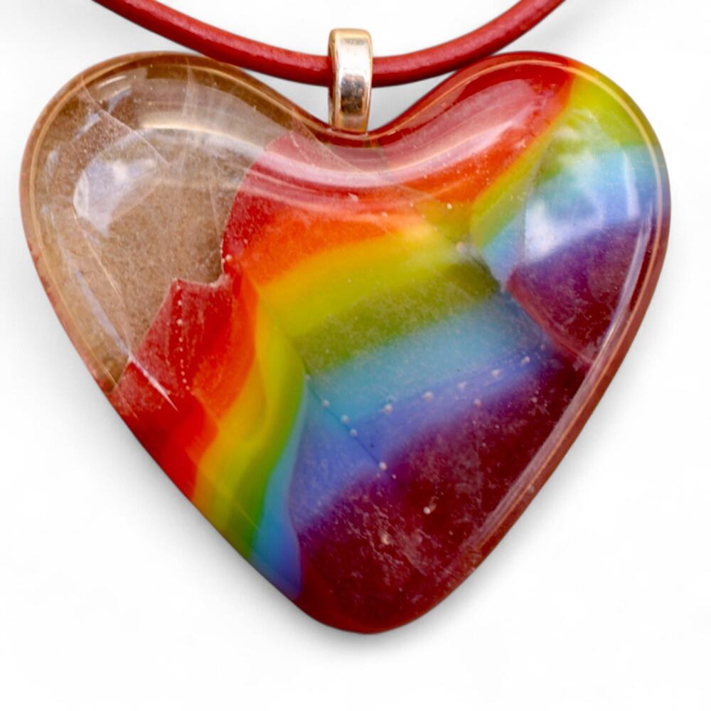 Rainbow Glass Fused Heart Pendant. Rich Red Colored Leather Cord. 18"